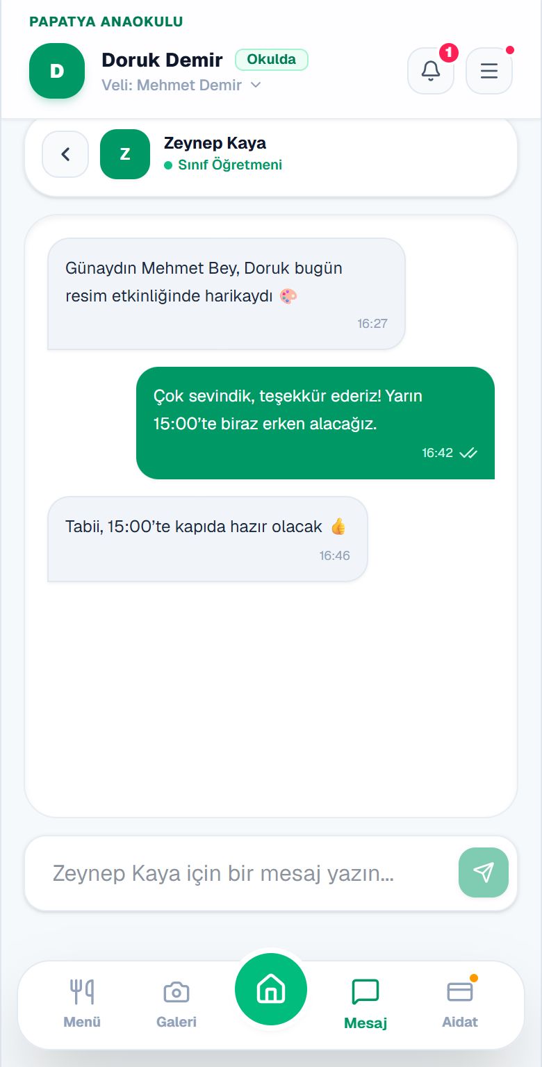 Veli ile sınıf öğretmeni arasındaki mesajlaşma